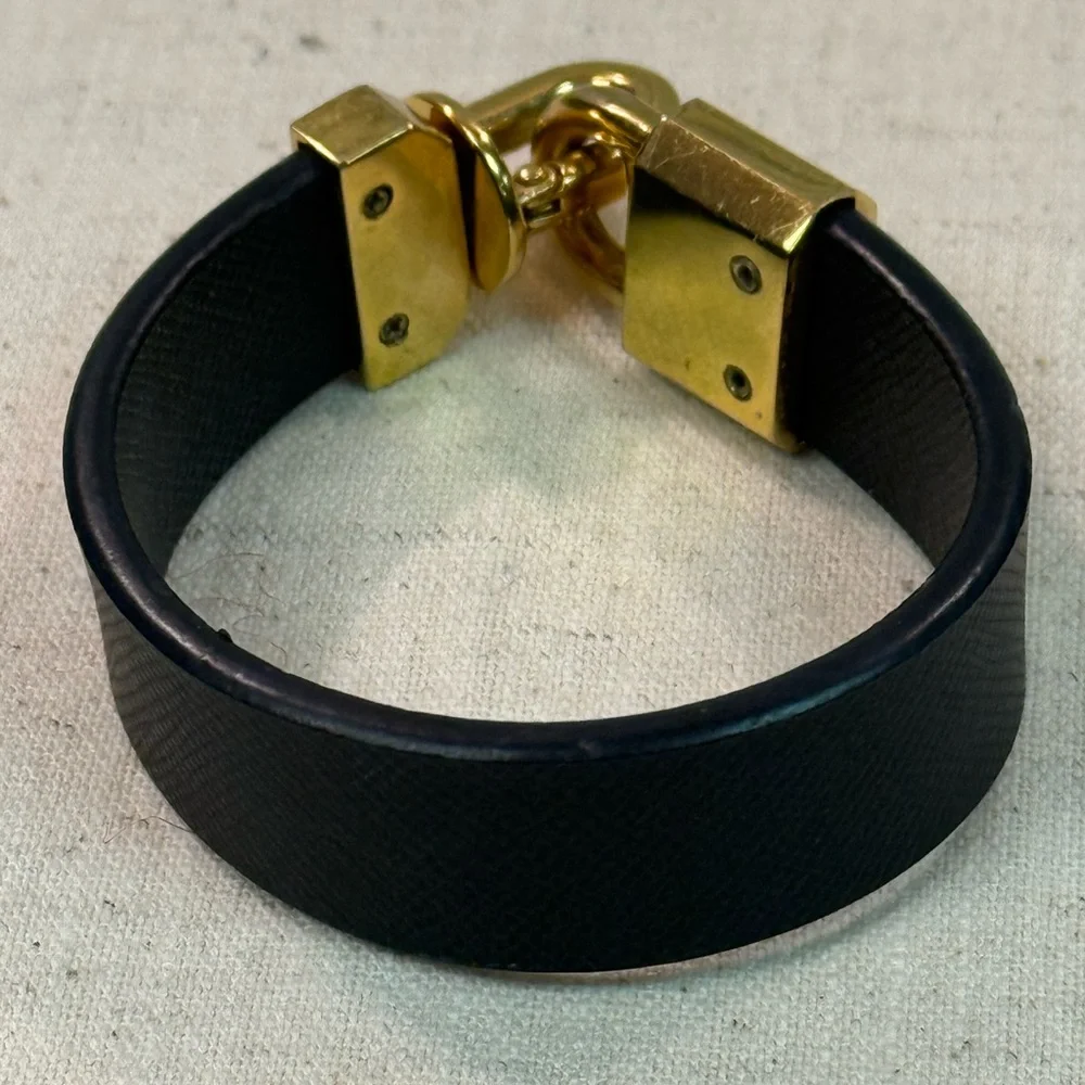 Gold-Tone Lock Bracelet with Black Leather Band
